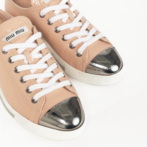 Miu Miu Nude Patent-Leather Cap-Toe Lace-Up Sneakers - Picture 6 of 12